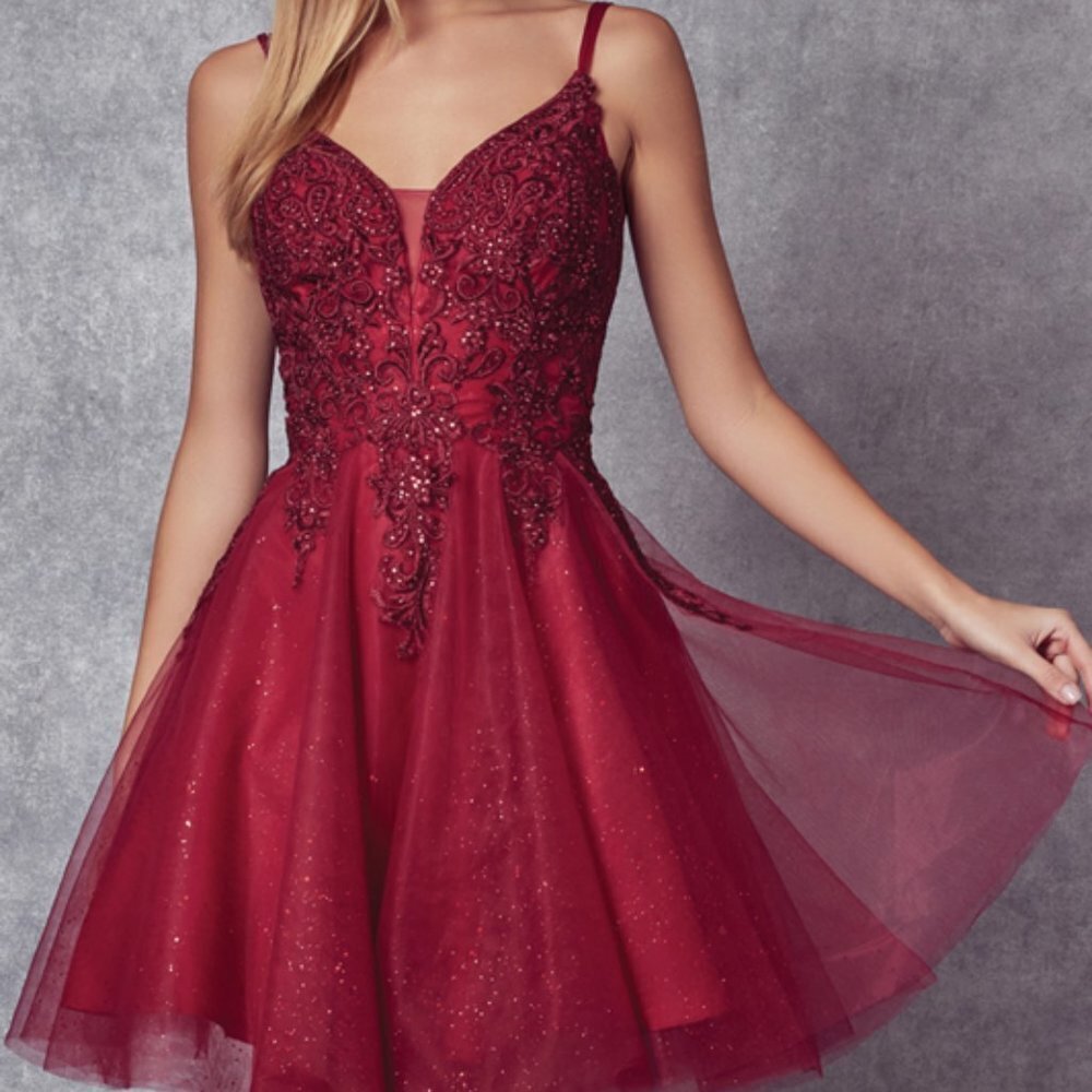 NEW BURGUNDY PROM PARTY GLITTERY SHORT MINI A-LINE  GOWN DRESS JT857